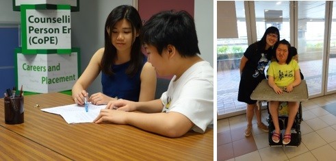 (right) Our SEN PIN member shares the notes with students with SEN; 
(left) SEN PIN member and a student with SEN just finished campus accessible routing 
